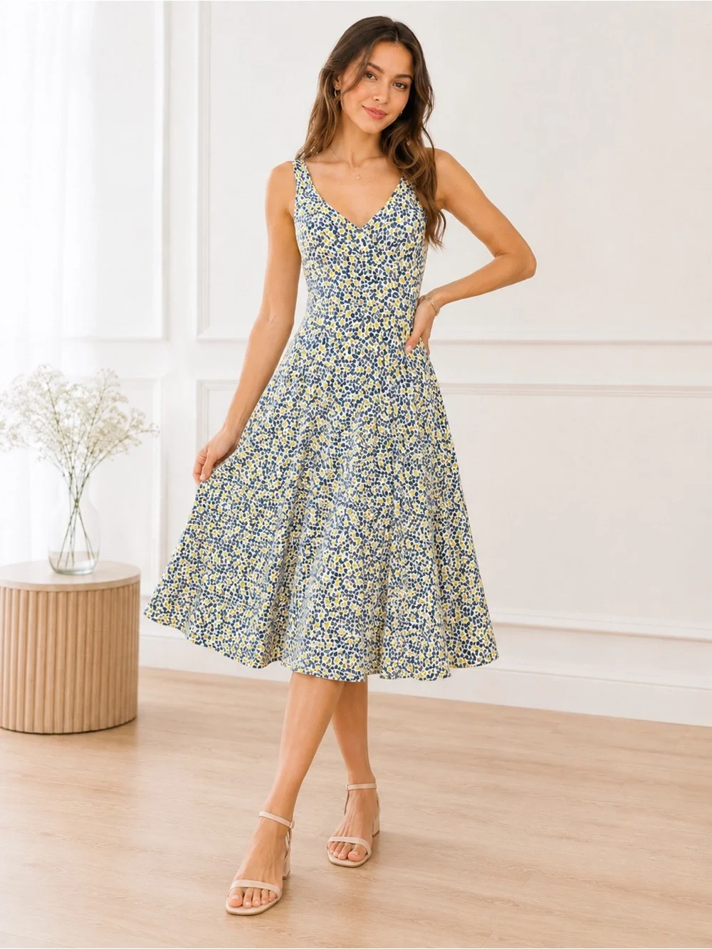 Boden Women Fit Flare Dress US 2R White Blue Yellow Dot Print Sleeveless - Picture 1 of 11